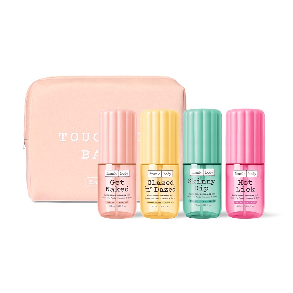 The frank body All You Can Spritz Kit: Get Naked, Glazed 'n' Dazed, Skinny Dip and Hot Lick on-the-go mists with a pink Touch Me Babe pouch.