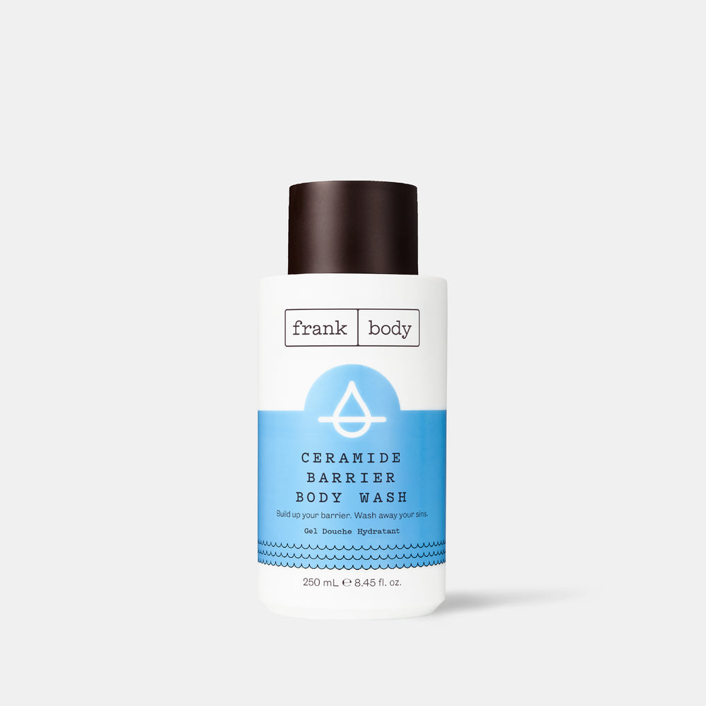 A blue and white bottle of frank body Ceramide Barrier Body Wash, 250ml.