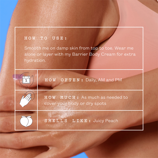 A woman smoothing frank body Hyaluronic Acid Body Serum over her arm. Text reads: How to use. Smooth me on damp skin from top to toe. Wear me alone or layer with my Barrier Body Cream for extra hydration. How often: daily, AM and PM. How much: as much as needed to cover your body or dry spots. Smells like: juicy peach.