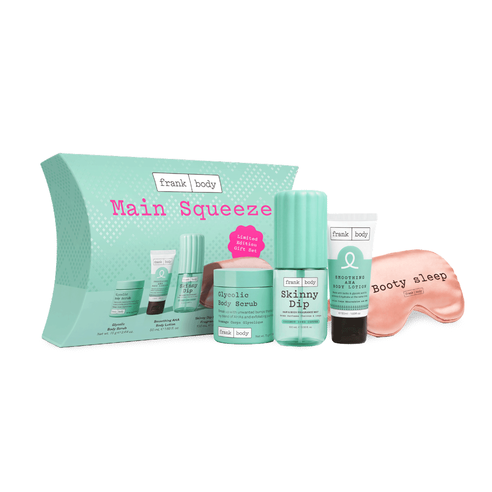 frank body Main Squeeze gift set with Glycolic Body Scrub, Skinny Dip, Smoothing AHA Body Lotion and a pink satin sleep mask.