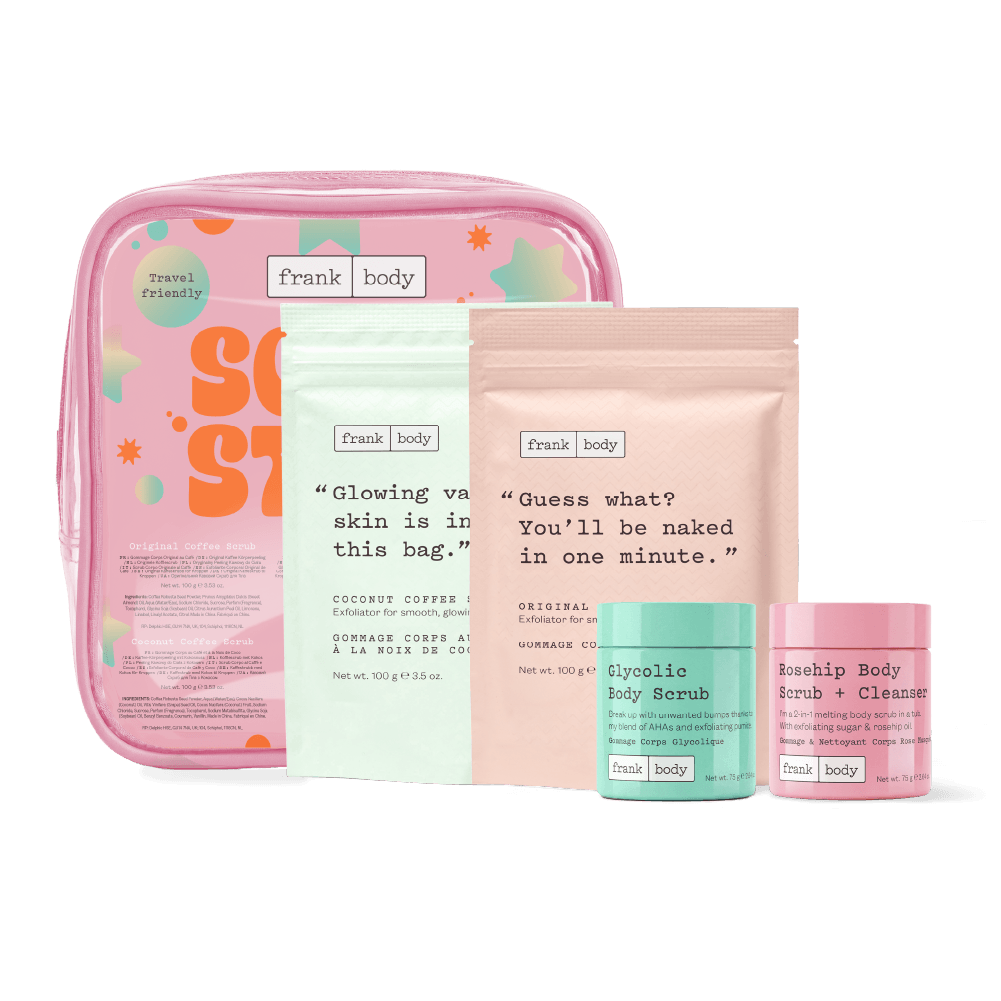 The frank body Scrub Stars Kit: a pink travel bag with the Coconut Coffee Scrub and Original Coffee Scrub pouches, Glycolic Body Scrub and Rosehip Body Scrub + Cleanser.