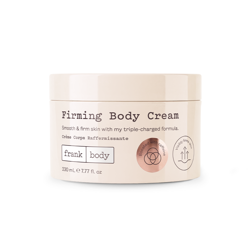 A cream-colored cosmetic jar of Frank Body Firming Body Cream on a clean white background.